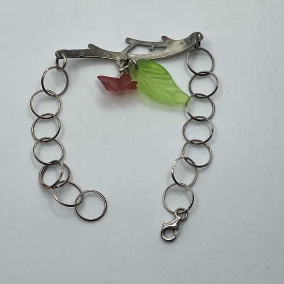 VTG Sterling Silver & Plastic Flower & Leaf Accent Floral Bracelet 7.5” - Picture 3 of 6